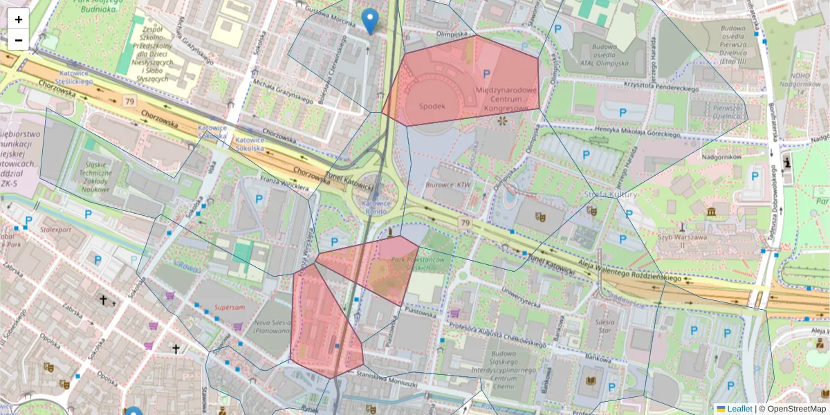 Szczegółowa mapa kodu pocztowego 40-005 z granicami, sąsiednimi kodami pocztowymi i urzędami pocztowymi