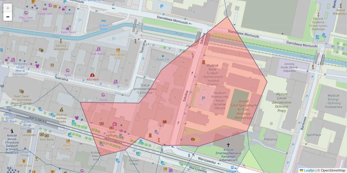 Szczegółowa mapa kodu pocztowego 40-006 z granicami, sąsiednimi kodami pocztowymi i urzędami pocztowymi