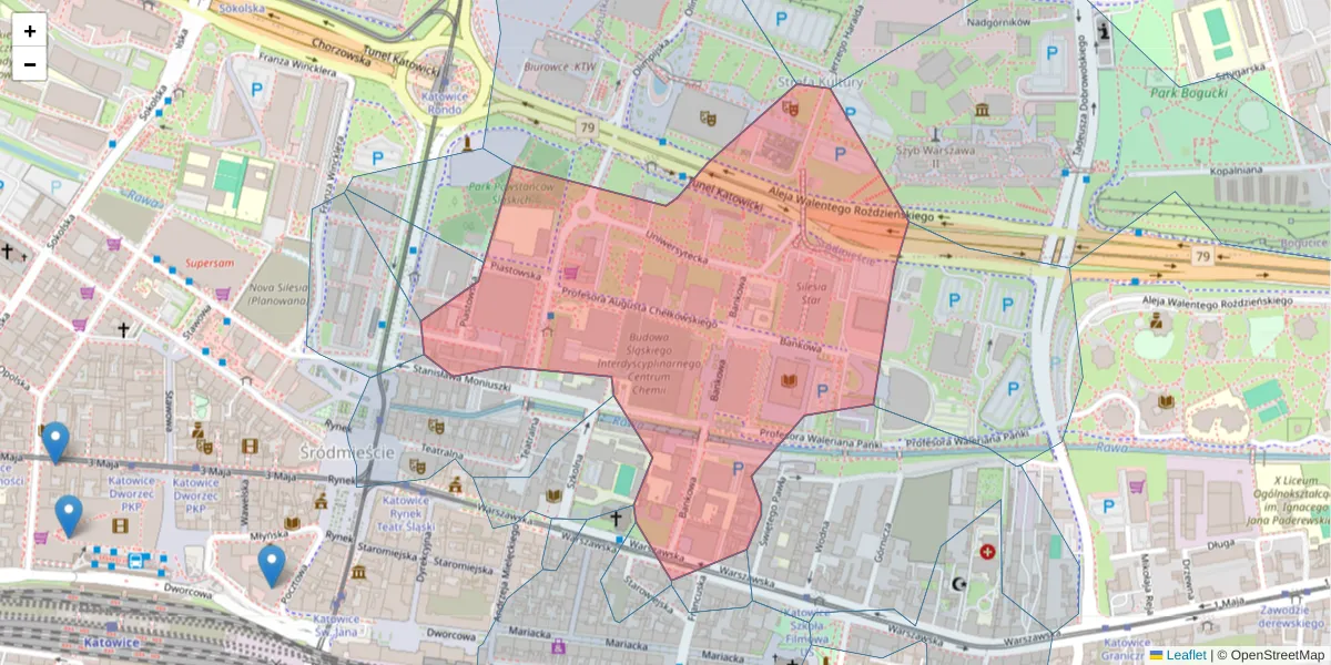 Szczegółowa mapa kodu pocztowego 40-007 z granicami, sąsiednimi kodami pocztowymi i urzędami pocztowymi