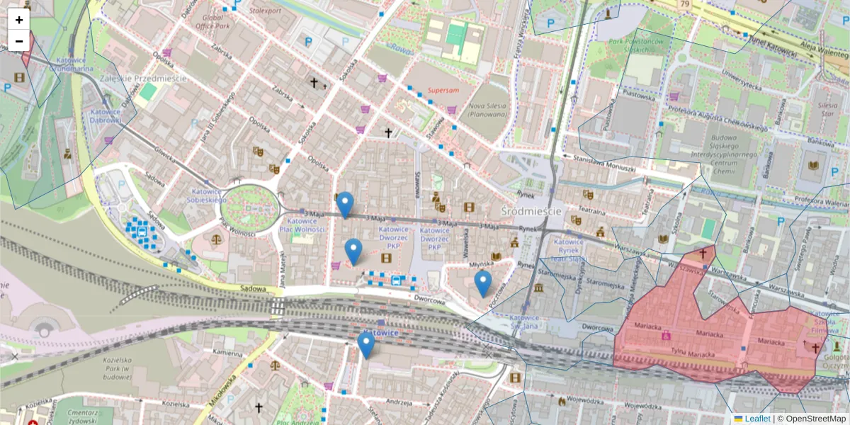 Szczegółowa mapa kodu pocztowego 40-014 z granicami, sąsiednimi kodami pocztowymi i urzędami pocztowymi