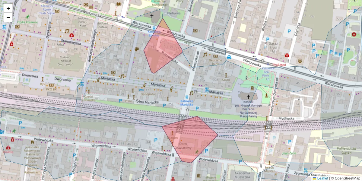 Szczegółowa mapa kodu pocztowego 40-015 z granicami, sąsiednimi kodami pocztowymi i urzędami pocztowymi
