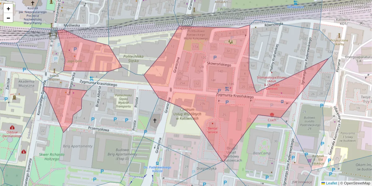 Szczegółowa mapa kodu pocztowego 40-019 z granicami, sąsiednimi kodami pocztowymi i urzędami pocztowymi