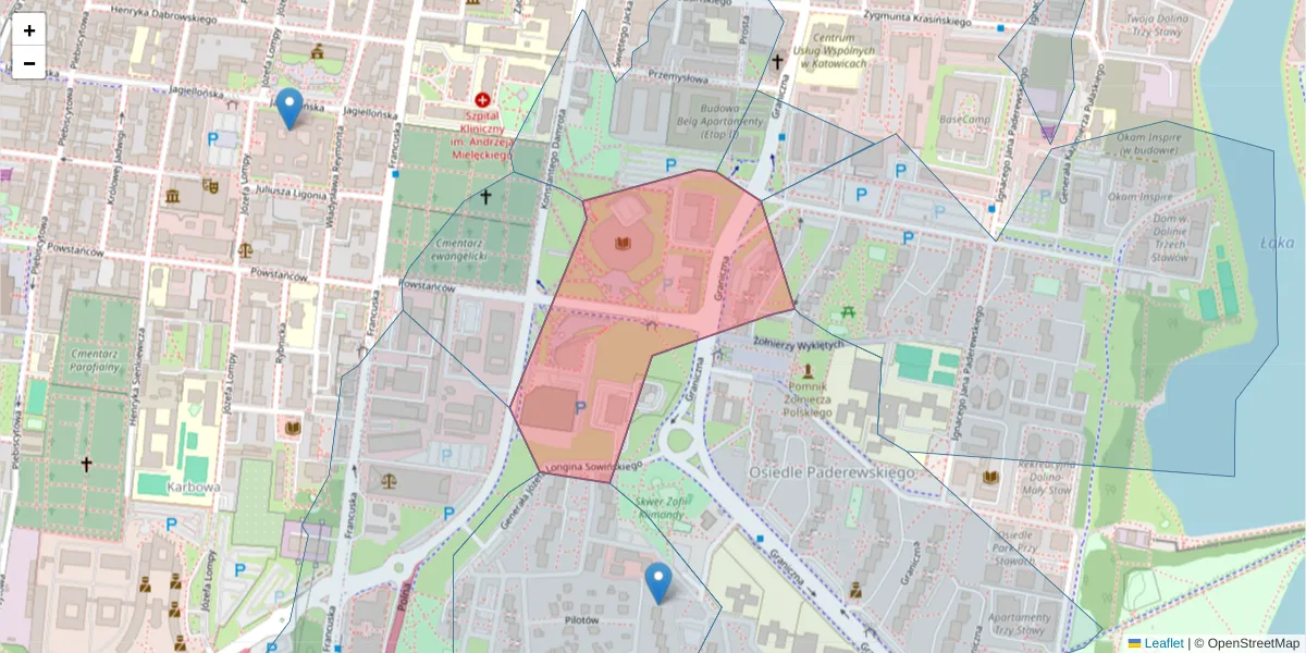 Szczegółowa mapa kodu pocztowego 40-024 z granicami, sąsiednimi kodami pocztowymi i urzędami pocztowymi
