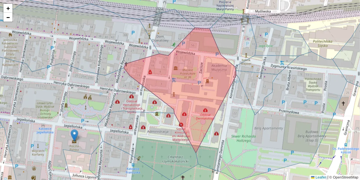 Szczegółowa mapa kodu pocztowego 40-025 z granicami, sąsiednimi kodami pocztowymi i urzędami pocztowymi