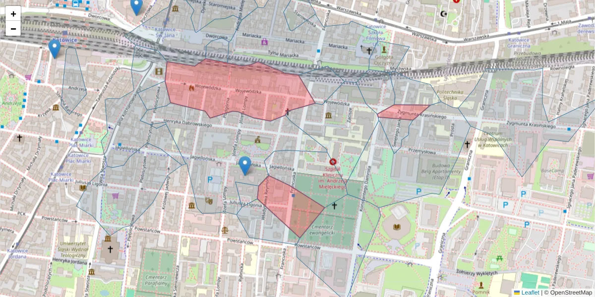 Szczegółowa mapa kodu pocztowego 40-026 z granicami, sąsiednimi kodami pocztowymi i urzędami pocztowymi