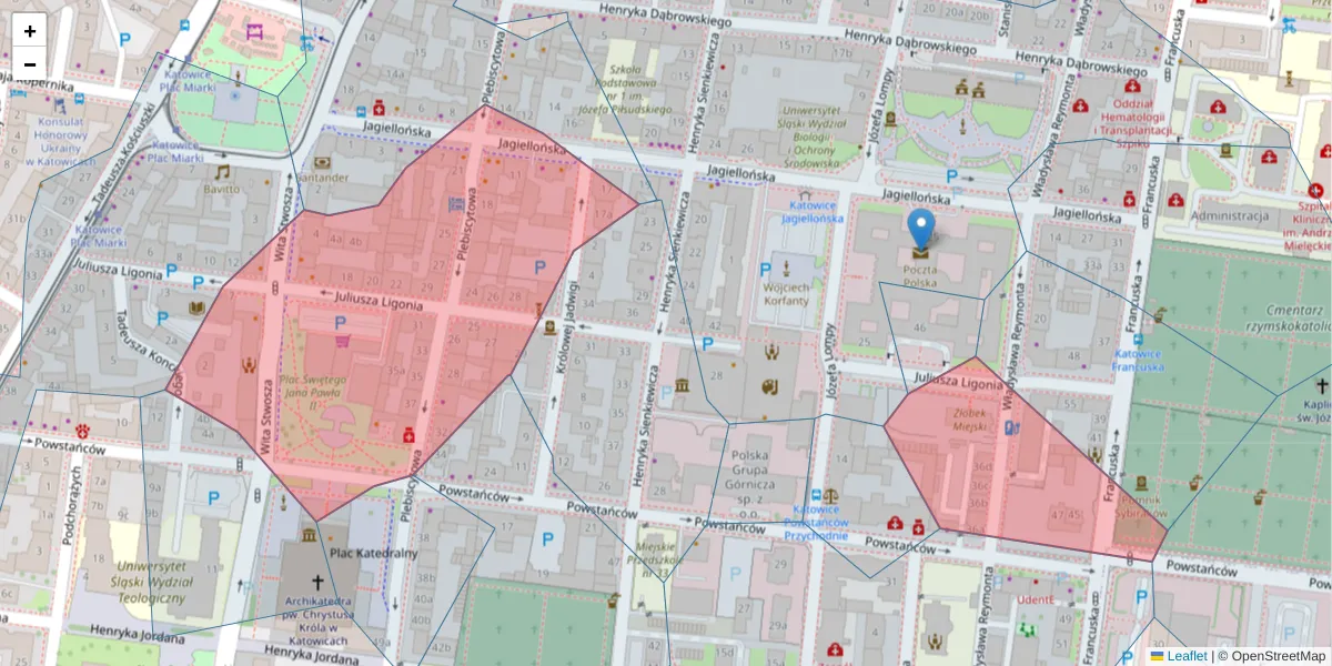 Szczegółowa mapa kodu pocztowego 40-036 z granicami, sąsiednimi kodami pocztowymi i urzędami pocztowymi