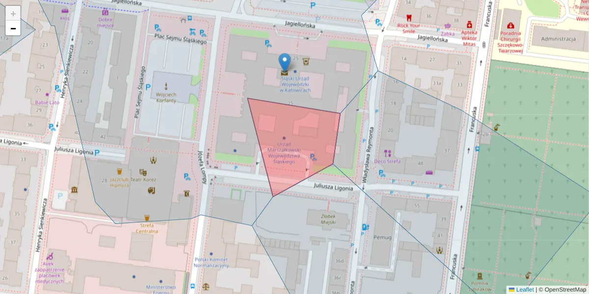 Szczegółowa mapa kodu pocztowego 40-037 z granicami, sąsiednimi kodami pocztowymi i urzędami pocztowymi