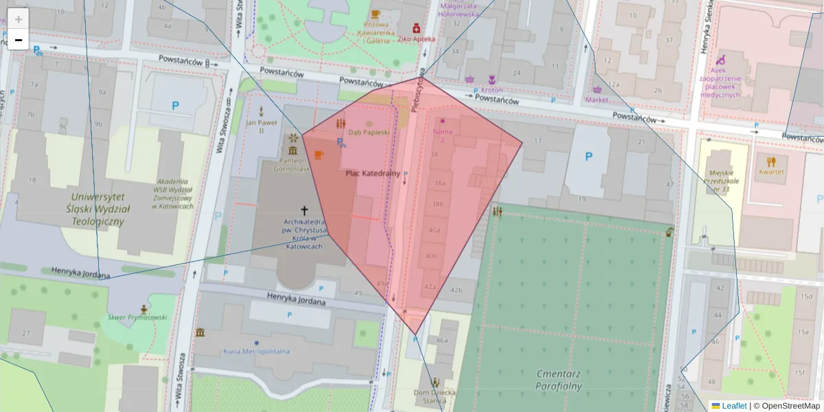 Szczegółowa mapa kodu pocztowego 40-041 z granicami, sąsiednimi kodami pocztowymi i urzędami pocztowymi