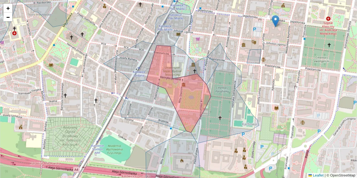 Szczegółowa mapa kodu pocztowego 40-043 z granicami, sąsiednimi kodami pocztowymi i urzędami pocztowymi