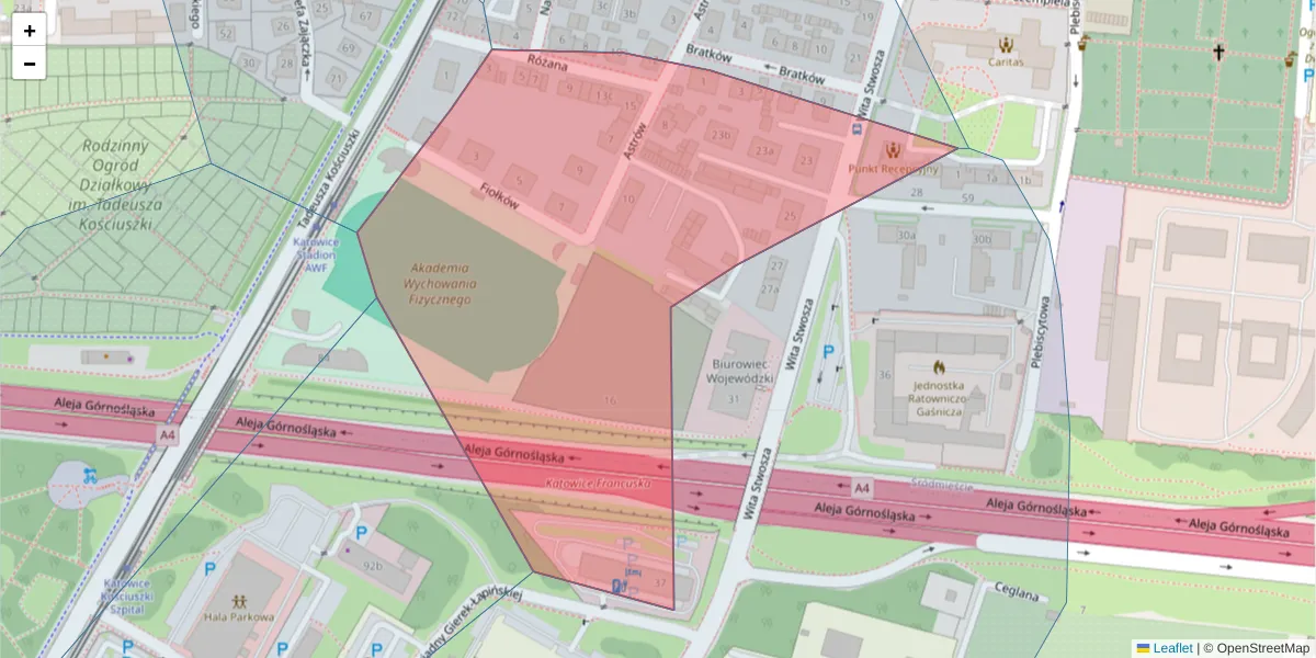 Szczegółowa mapa kodu pocztowego 40-045 z granicami, sąsiednimi kodami pocztowymi i urzędami pocztowymi