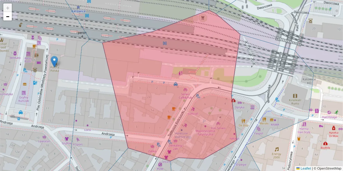 Szczegółowa mapa kodu pocztowego 40-049 z granicami, sąsiednimi kodami pocztowymi i urzędami pocztowymi