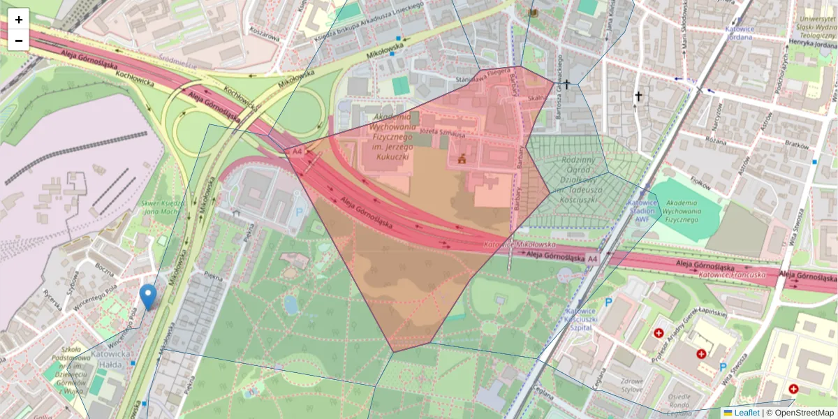 Szczegółowa mapa kodu pocztowego 40-053 z granicami, sąsiednimi kodami pocztowymi i urzędami pocztowymi