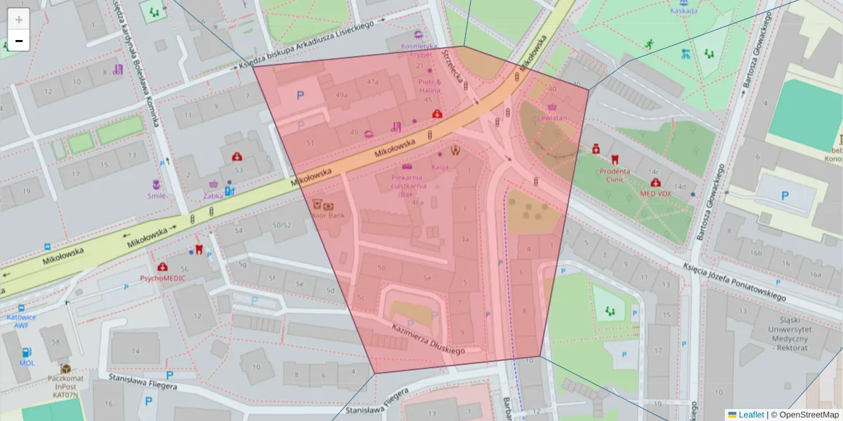 Szczegółowa mapa kodu pocztowego 40-054 z granicami, sąsiednimi kodami pocztowymi i urzędami pocztowymi