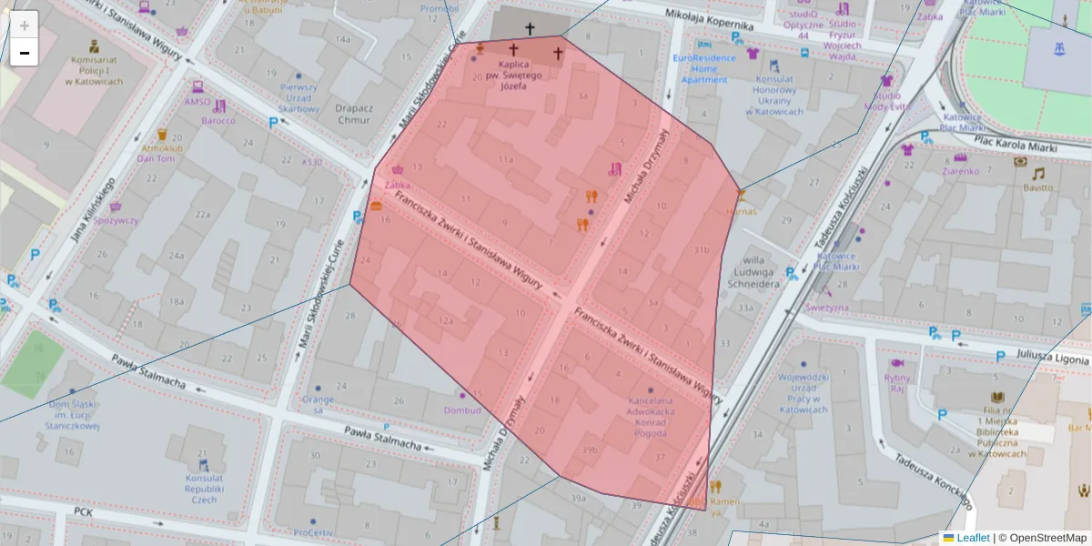 Szczegółowa mapa kodu pocztowego 40-059 z granicami, sąsiednimi kodami pocztowymi i urzędami pocztowymi