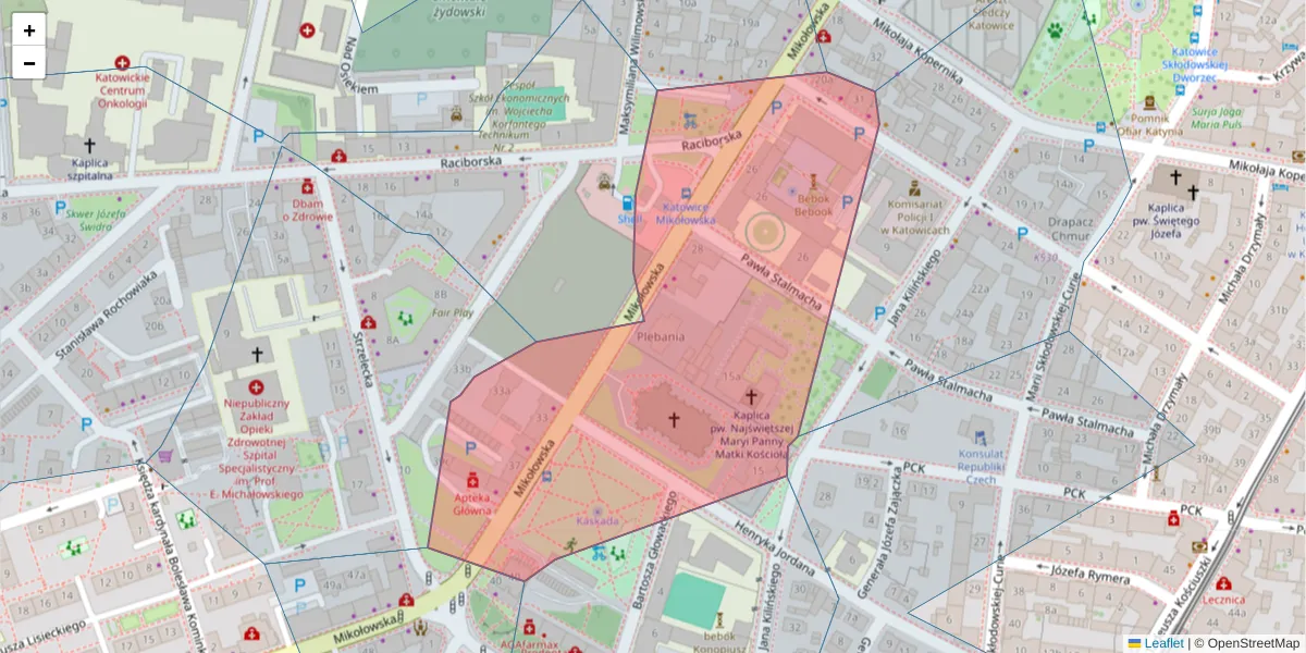 Szczegółowa mapa kodu pocztowego 40-066 z granicami, sąsiednimi kodami pocztowymi i urzędami pocztowymi