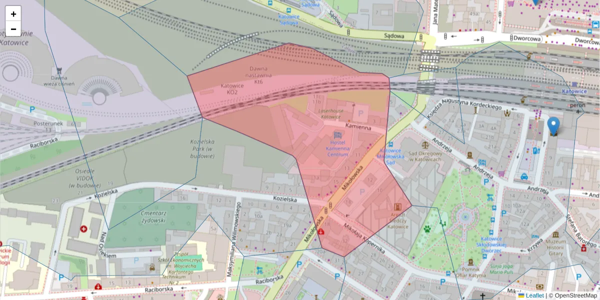 Szczegółowa mapa kodu pocztowego 40-067 z granicami, sąsiednimi kodami pocztowymi i urzędami pocztowymi