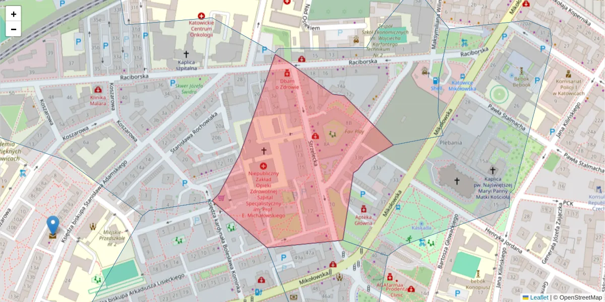 Szczegółowa mapa kodu pocztowego 40-073 z granicami, sąsiednimi kodami pocztowymi i urzędami pocztowymi