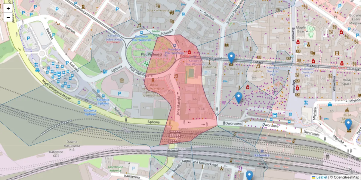 Szczegółowa mapa kodu pocztowego 40-077 z granicami, sąsiednimi kodami pocztowymi i urzędami pocztowymi
