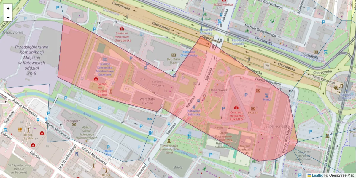 Szczegółowa mapa kodu pocztowego 40-086 z granicami, sąsiednimi kodami pocztowymi i urzędami pocztowymi