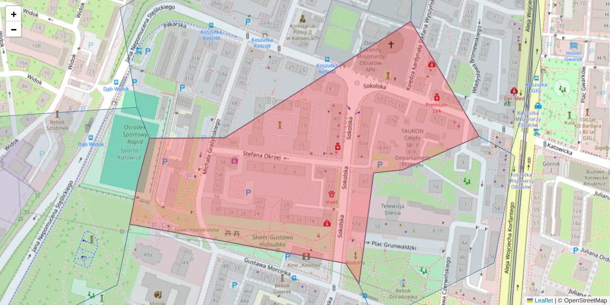 Szczegółowa mapa kodu pocztowego 40-087 z granicami, sąsiednimi kodami pocztowymi i urzędami pocztowymi
