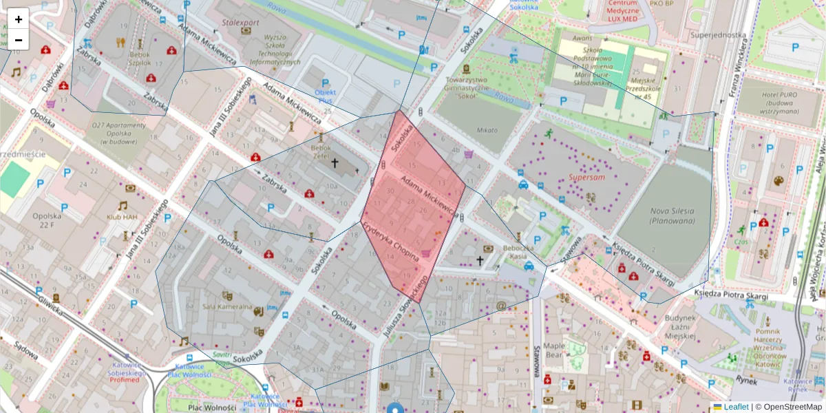 Szczegółowa mapa kodu pocztowego 40-094 z granicami, sąsiednimi kodami pocztowymi i urzędami pocztowymi