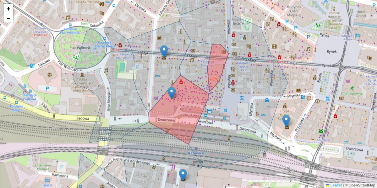 Szczegółowa mapa kodu pocztowego 40-097 z granicami, sąsiednimi kodami pocztowymi i urzędami pocztowymi