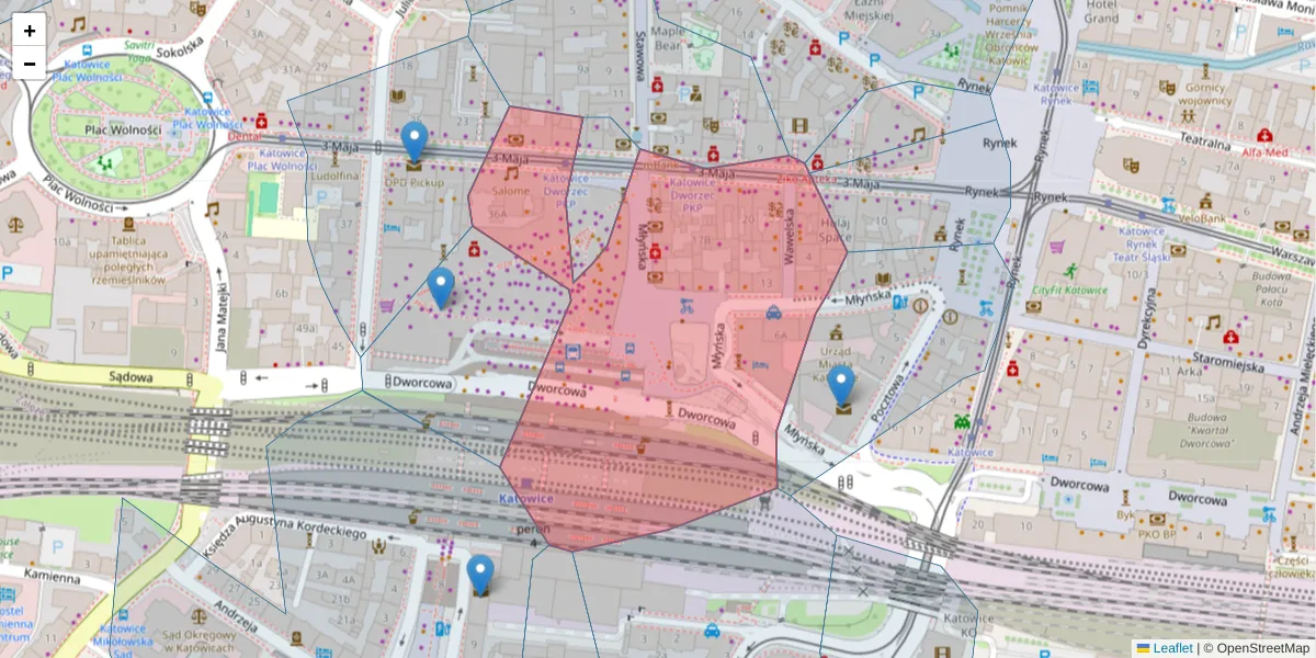Szczegółowa mapa kodu pocztowego 40-098 z granicami, sąsiednimi kodami pocztowymi i urzędami pocztowymi