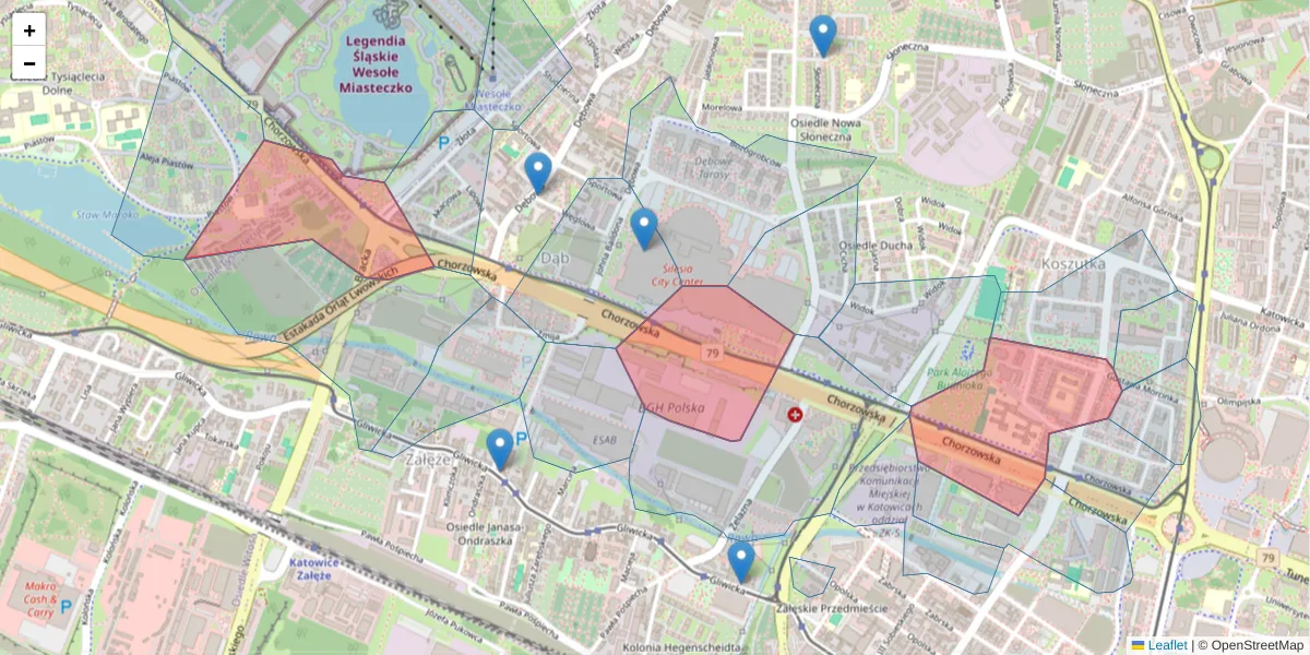 Szczegółowa mapa kodu pocztowego 40-101 z granicami, sąsiednimi kodami pocztowymi i urzędami pocztowymi