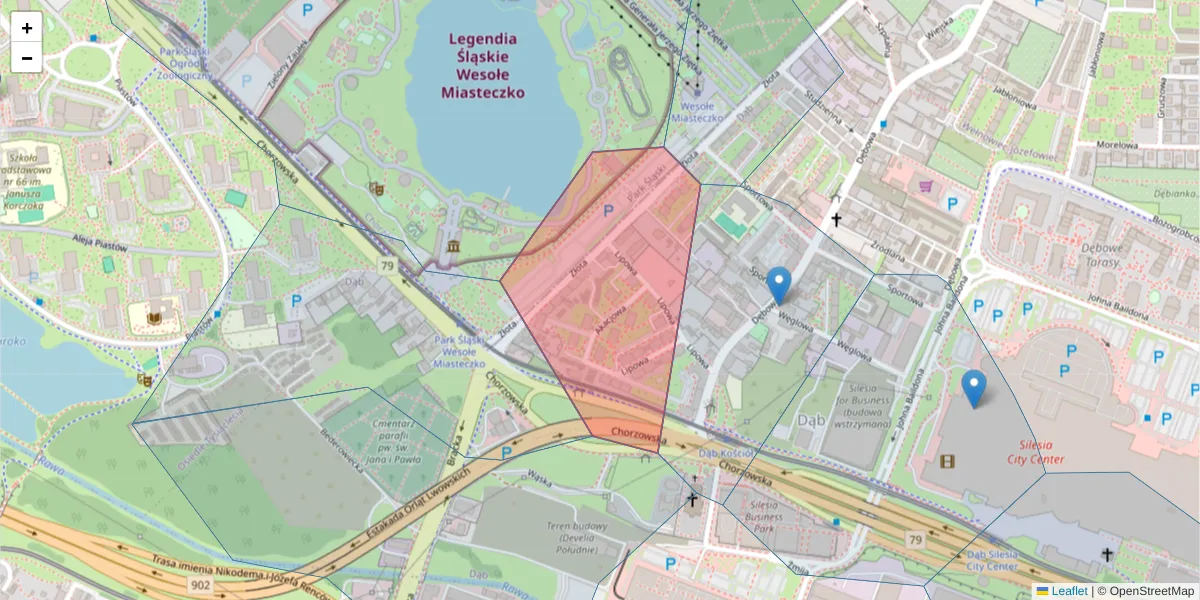 Szczegółowa mapa kodu pocztowego 40-103 z granicami, sąsiednimi kodami pocztowymi i urzędami pocztowymi