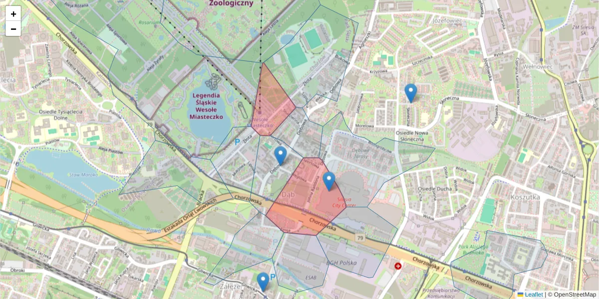 Szczegółowa mapa kodu pocztowego 40-106 z granicami, sąsiednimi kodami pocztowymi i urzędami pocztowymi