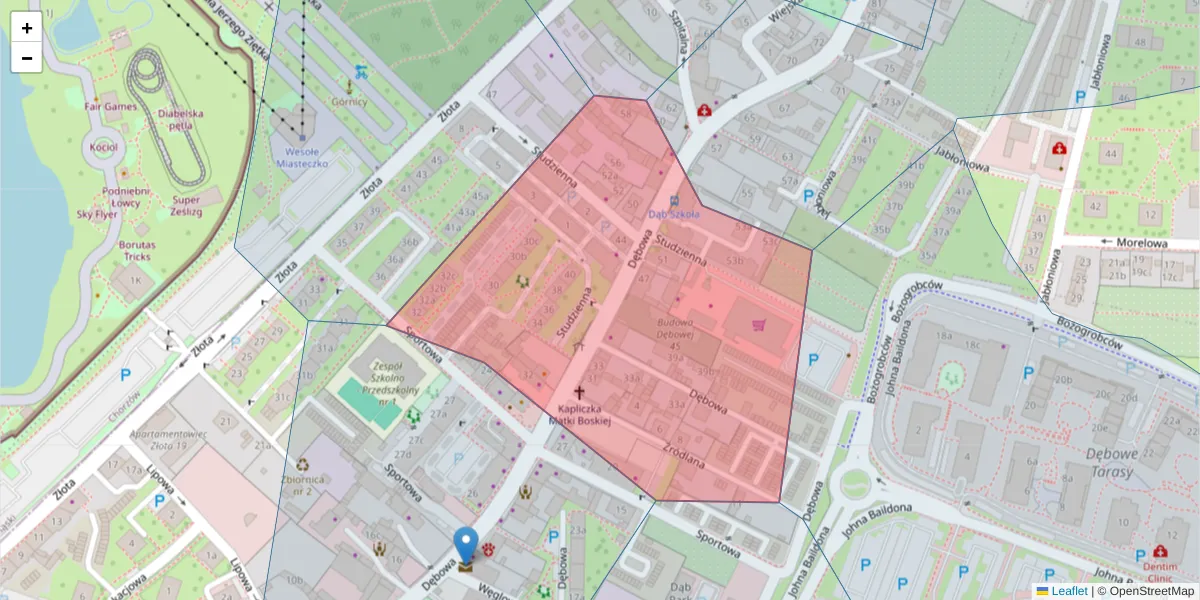 Szczegółowa mapa kodu pocztowego 40-107 z granicami, sąsiednimi kodami pocztowymi i urzędami pocztowymi