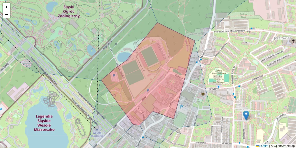 Szczegółowa mapa kodu pocztowego 40-108 z granicami, sąsiednimi kodami pocztowymi i urzędami pocztowymi
