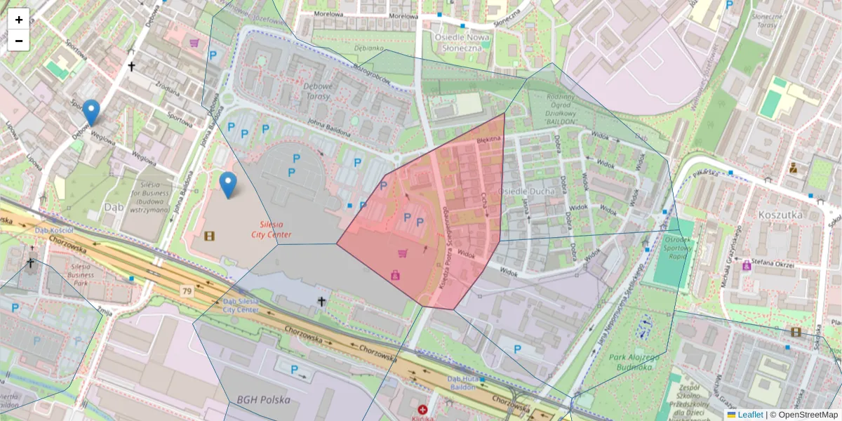 Szczegółowa mapa kodu pocztowego 40-114 z granicami, sąsiednimi kodami pocztowymi i urzędami pocztowymi