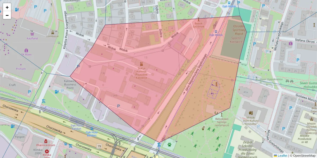 Szczegółowa mapa kodu pocztowego 40-118 z granicami, sąsiednimi kodami pocztowymi i urzędami pocztowymi