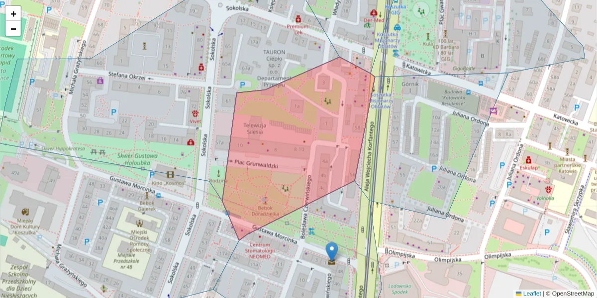 Szczegółowa mapa kodu pocztowego 40-127 z granicami, sąsiednimi kodami pocztowymi i urzędami pocztowymi