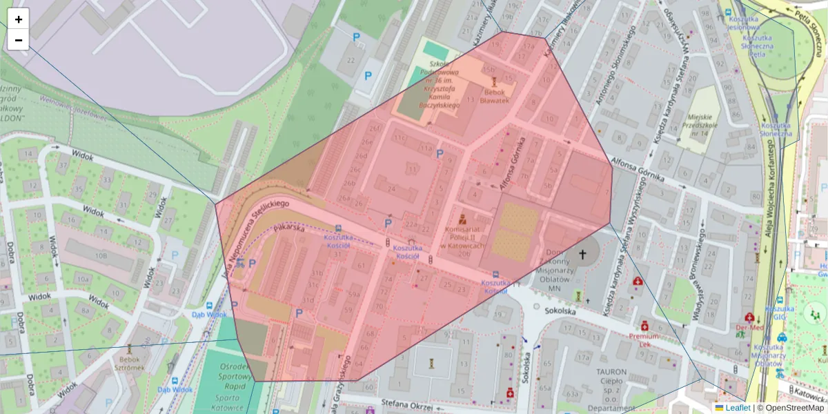 Szczegółowa mapa kodu pocztowego 40-134 z granicami, sąsiednimi kodami pocztowymi i urzędami pocztowymi