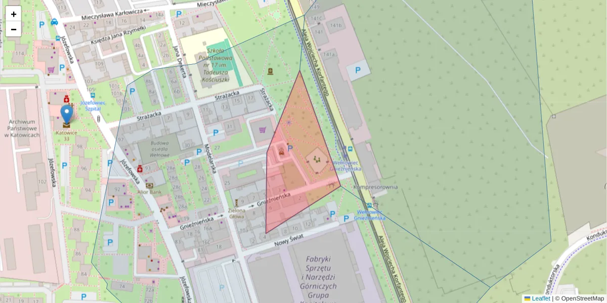 Szczegółowa mapa kodu pocztowego 40-143 z granicami, sąsiednimi kodami pocztowymi i urzędami pocztowymi