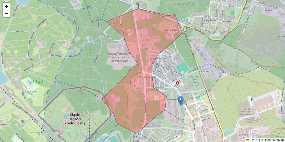 Szczegółowa mapa kodu pocztowego 40-148 z granicami, sąsiednimi kodami pocztowymi i urzędami pocztowymi