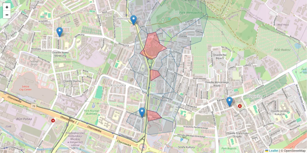 Szczegółowa mapa kodu pocztowego 40-160 z granicami, sąsiednimi kodami pocztowymi i urzędami pocztowymi