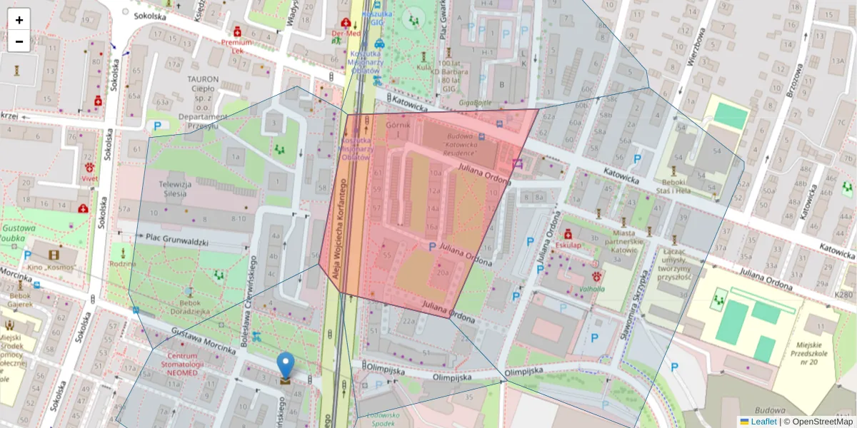 Szczegółowa mapa kodu pocztowego 40-165 z granicami, sąsiednimi kodami pocztowymi i urzędami pocztowymi