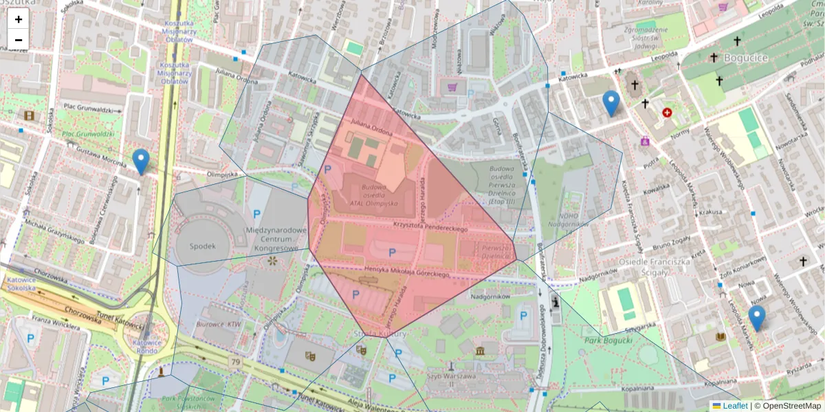Szczegółowa mapa kodu pocztowego 40-166 z granicami, sąsiednimi kodami pocztowymi i urzędami pocztowymi