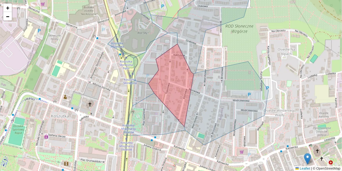 Szczegółowa mapa kodu pocztowego 40-167 z granicami, sąsiednimi kodami pocztowymi i urzędami pocztowymi