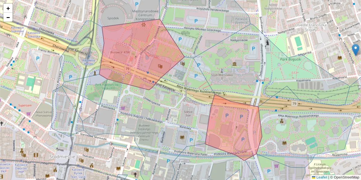 Szczegółowa mapa kodu pocztowego 40-202 z granicami, sąsiednimi kodami pocztowymi i urzędami pocztowymi