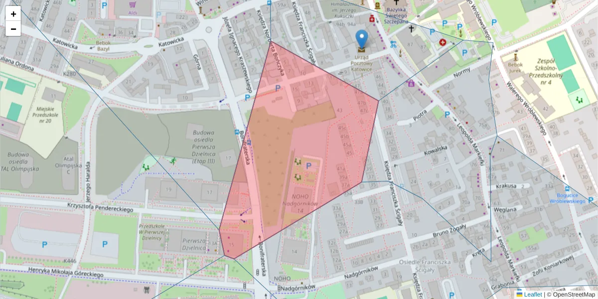 Szczegółowa mapa kodu pocztowego 40-208 z granicami, sąsiednimi kodami pocztowymi i urzędami pocztowymi