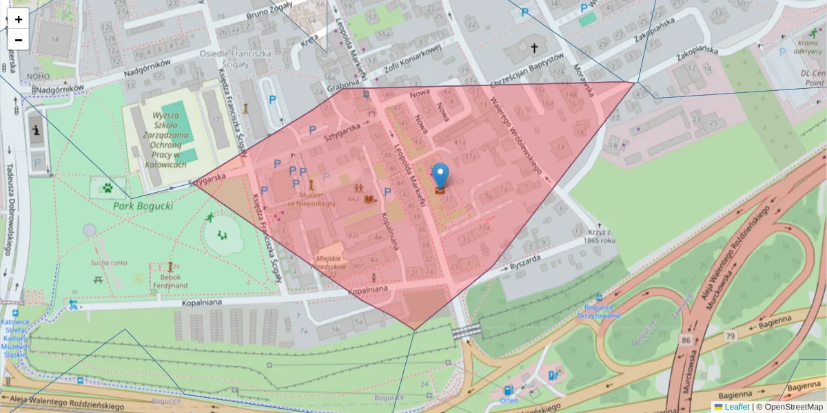 Szczegółowa mapa kodu pocztowego 40-213 z granicami, sąsiednimi kodami pocztowymi i urzędami pocztowymi