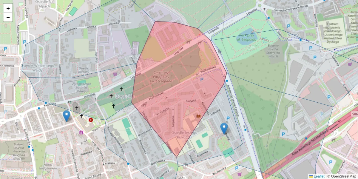 Szczegółowa mapa kodu pocztowego 40-216 z granicami, sąsiednimi kodami pocztowymi i urzędami pocztowymi