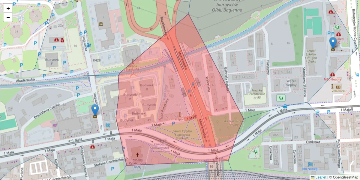 Szczegółowa mapa kodu pocztowego 40-228 z granicami, sąsiednimi kodami pocztowymi i urzędami pocztowymi