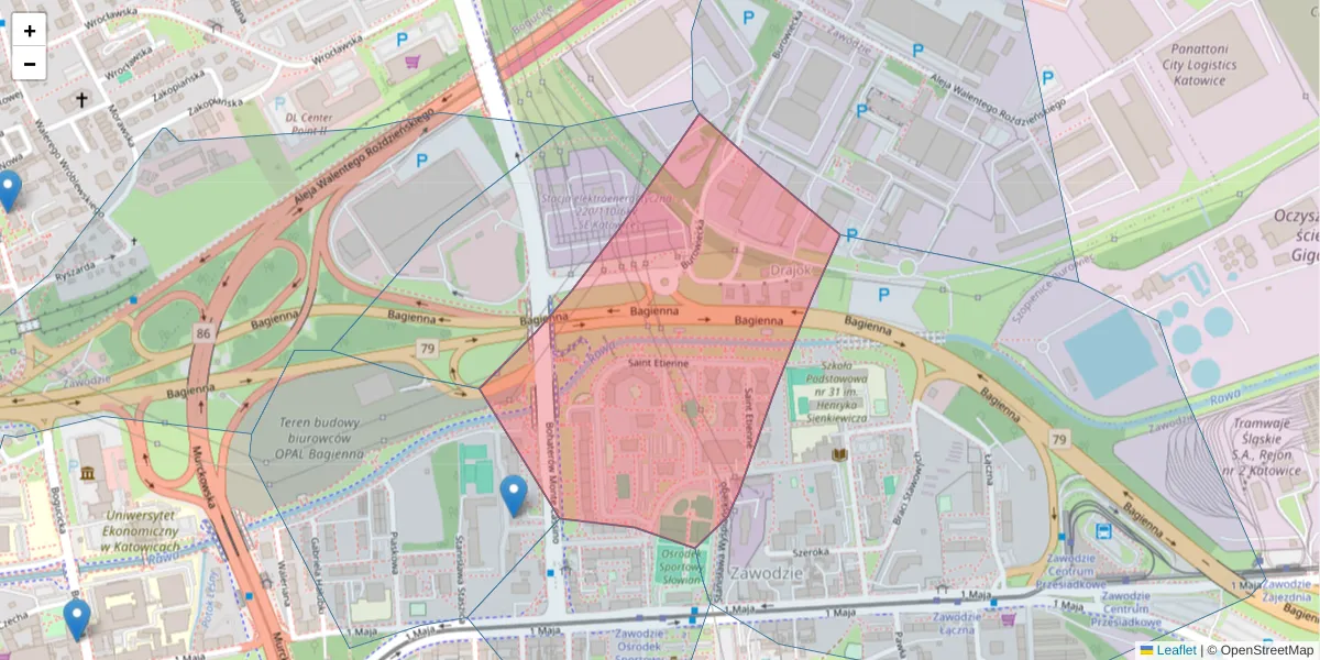Szczegółowa mapa kodu pocztowego 40-232 z granicami, sąsiednimi kodami pocztowymi i urzędami pocztowymi