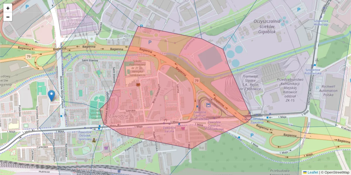 Szczegółowa mapa kodu pocztowego 40-233 z granicami, sąsiednimi kodami pocztowymi i urzędami pocztowymi