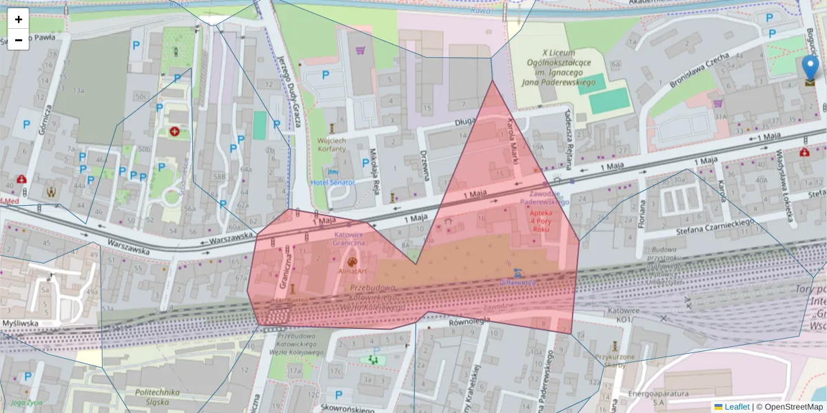 Szczegółowa mapa kodu pocztowego 40-284 z granicami, sąsiednimi kodami pocztowymi i urzędami pocztowymi